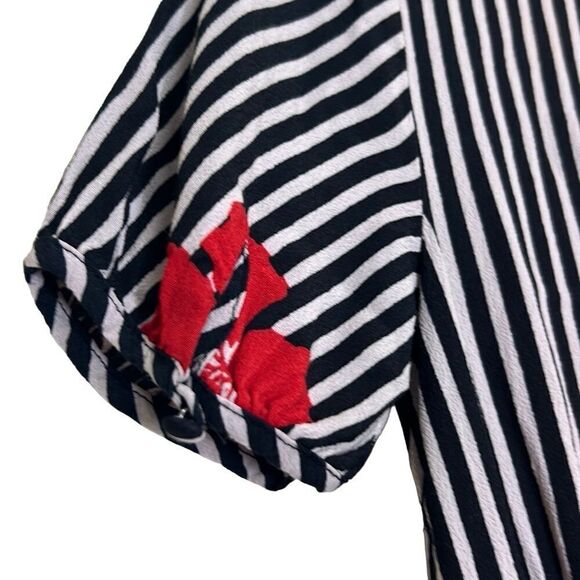 Madewell - Mini Ruffle Wrap Dress, Striped Floral - Size 00, Black, White, Red - Picture 13 of 16